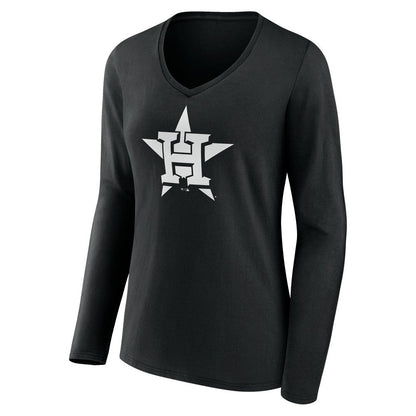 Houston Astros Women's Monochrome Personalized Name & Number Long Sleeve V-Neck T-Shirt - Black