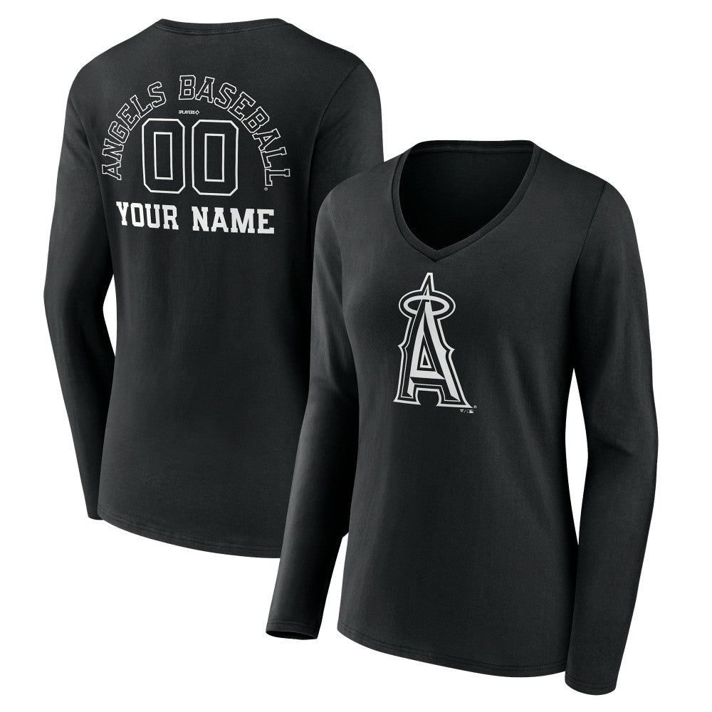 Los Angeles Angels Women's Monochrome Personalized Name & Number Long Sleeve V-Neck T-Shirt - Black