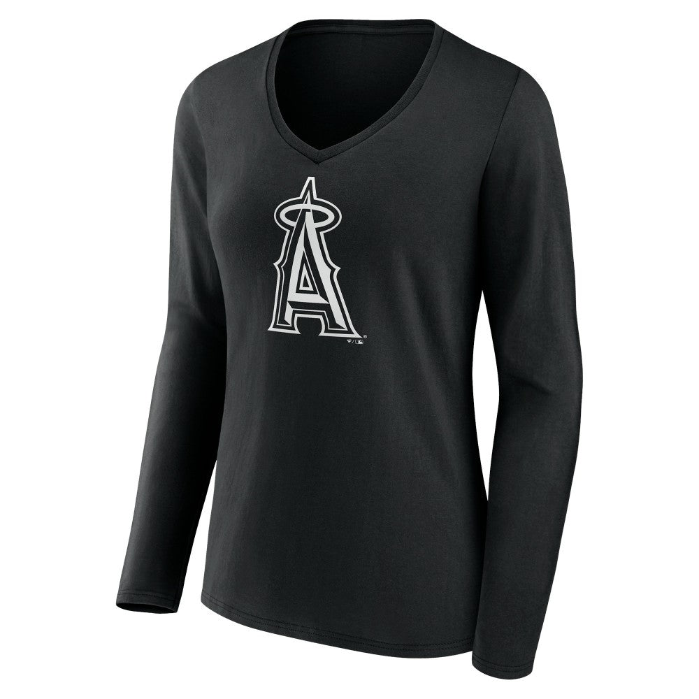 Los Angeles Angels Women's Monochrome Personalized Name & Number Long Sleeve V-Neck T-Shirt - Black