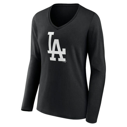 Los Angeles Dodgers Women's Monochrome Personalized Name & Number Long Sleeve V-Neck T-Shirt - Black