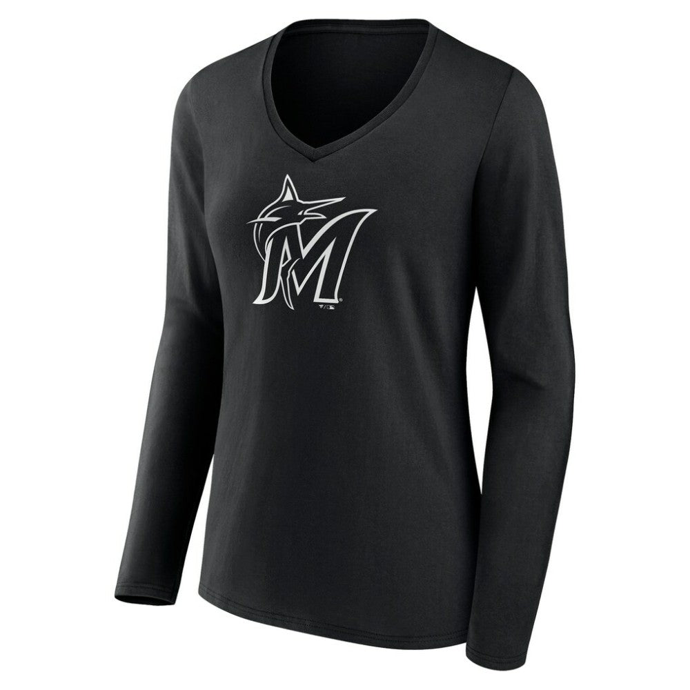 Miami Marlins Women's Monochrome Personalized Name & Number Long Sleeve V-Neck T-Shirt - Black