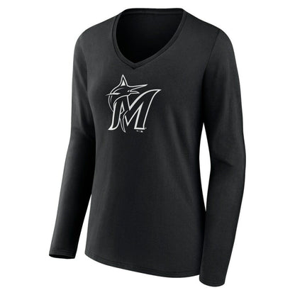 Miami Marlins Women's Monochrome Personalized Name & Number Long Sleeve V-Neck T-Shirt - Black