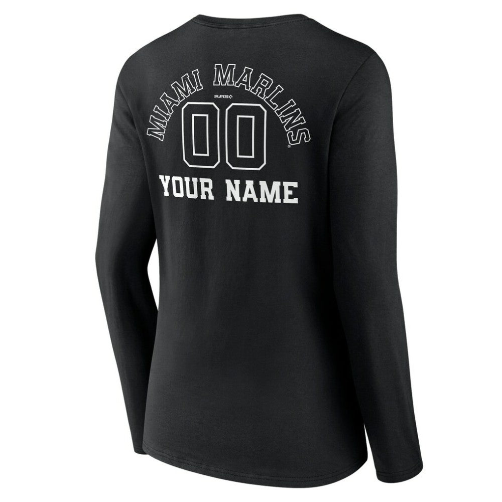 Miami Marlins Women's Monochrome Personalized Name & Number Long Sleeve V-Neck T-Shirt - Black