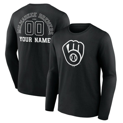 Milwaukee Brewers Monochrome Personalized Name & Number Long Sleeve T-Shirt - Black