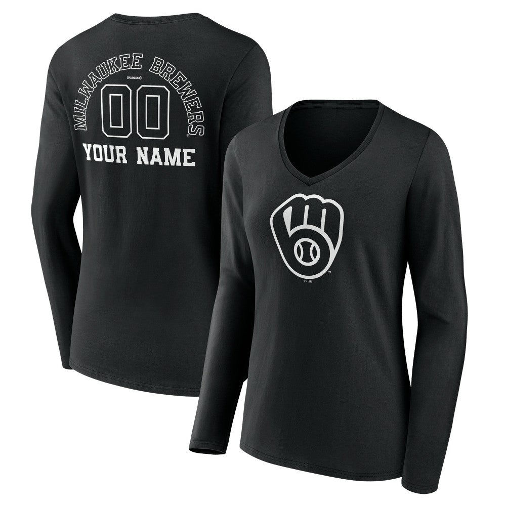 Milwaukee Brewers Women's Monochrome Personalized Name & Number Long Sleeve V-Neck T-Shirt - Black