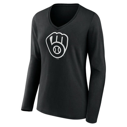 Milwaukee Brewers Women's Monochrome Personalized Name & Number Long Sleeve V-Neck T-Shirt - Black