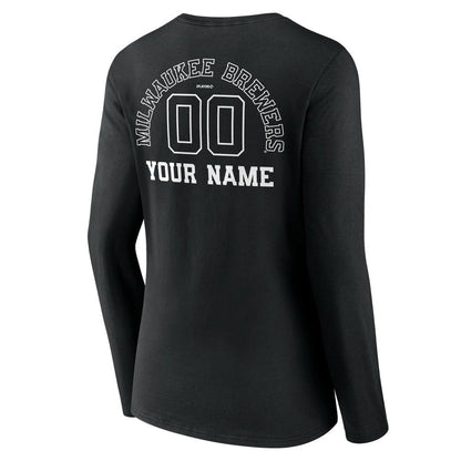Milwaukee Brewers Women's Monochrome Personalized Name & Number Long Sleeve V-Neck T-Shirt - Black