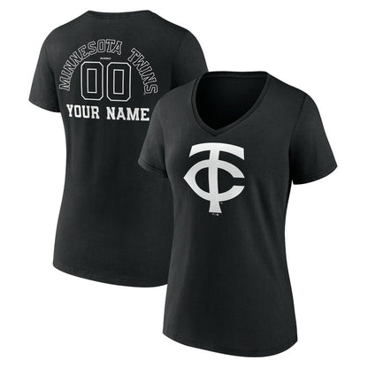 Minnesota Twins Women's Monochrome Personalized Name & Number V-Neck T-Shirt - Black