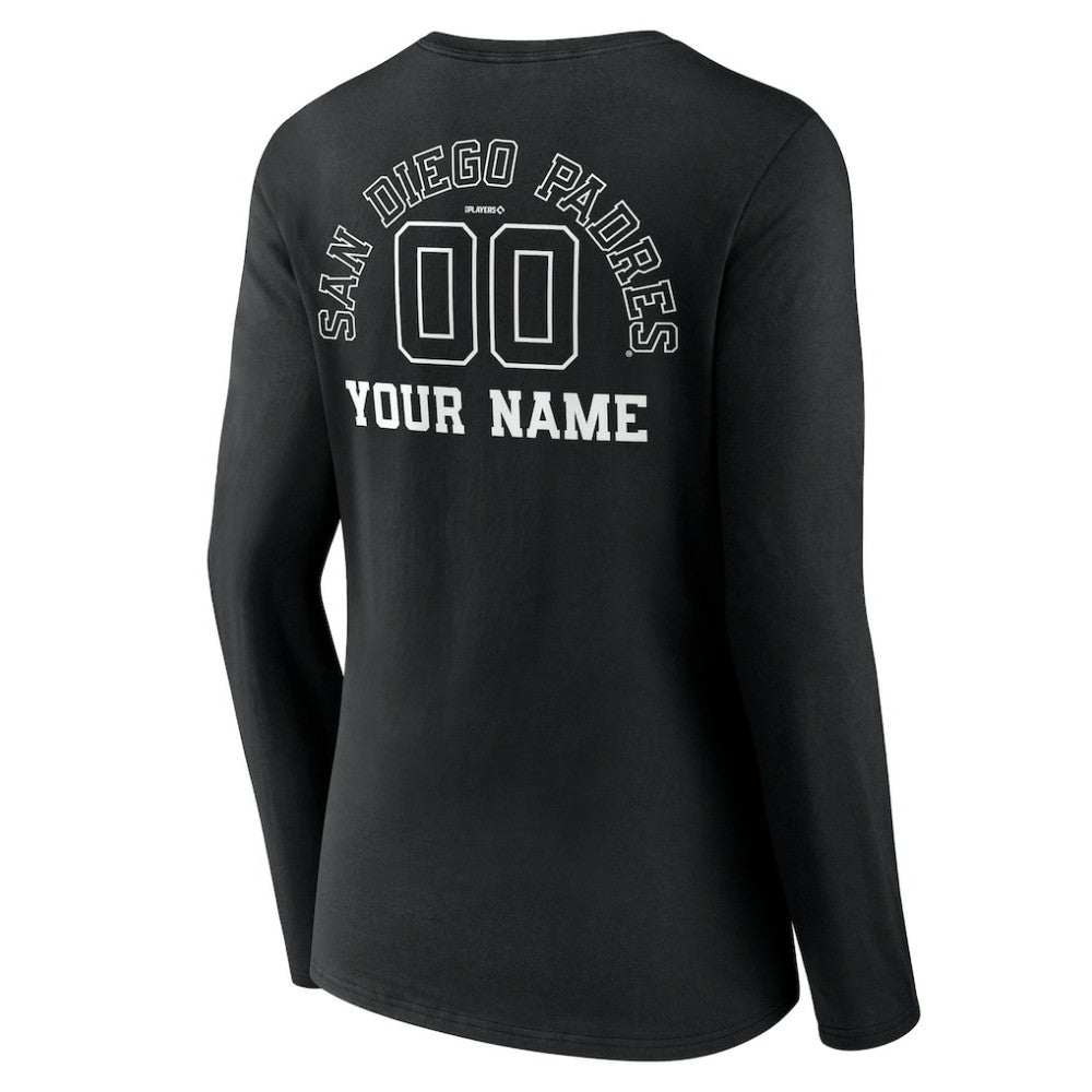 San Diego Padres Women's Monochrome Personalized Name & Number Long Sleeve V-Neck T-Shirt - Black