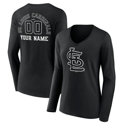 St. Louis Cardinals Women's Monochrome Personalized Name & Number Long Sleeve V-Neck T-Shirt - Black