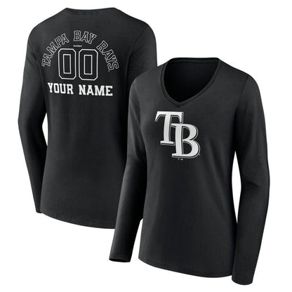 Tampa Bay Rays Women's Monochrome Personalized Name & Number Long Sleeve V-Neck T-Shirt - Black