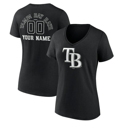 Tampa Bay Rays Women's Monochrome Personalized Name & Number V-Neck T-Shirt - Black
