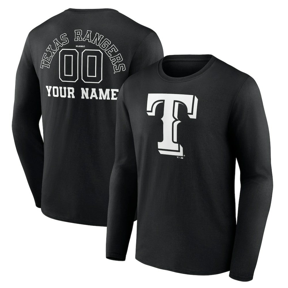 Texas Rangers Monochrome Personalized Name & Number Long Sleeve T-Shirt - Black