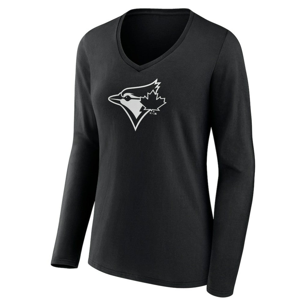 Toronto Blue Jays Women's Monochrome Personalized Name & Number Long Sleeve V-Neck T-Shirt - Black
