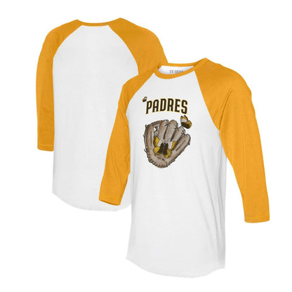 San Diego Padres Tiny Turnip Unisex Butterfly Glove 3/4-Sleeve Raglan T-Shirt - White/Gold