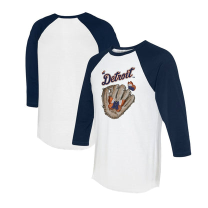 Detroit Tigers Tiny Turnip Unisex Butterfly Glove 3/4-Sleeve Raglan T-Shirt - White/Navy