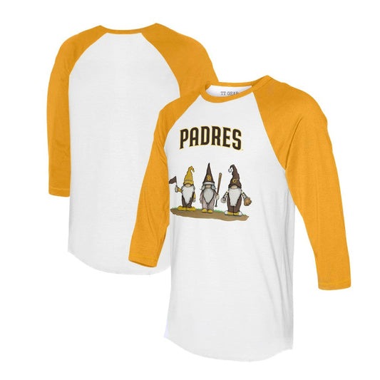 San Diego Padres Tiny Turnip Unisex Gnomes 3/4-Sleeve Raglan T-Shirt - White/Gold