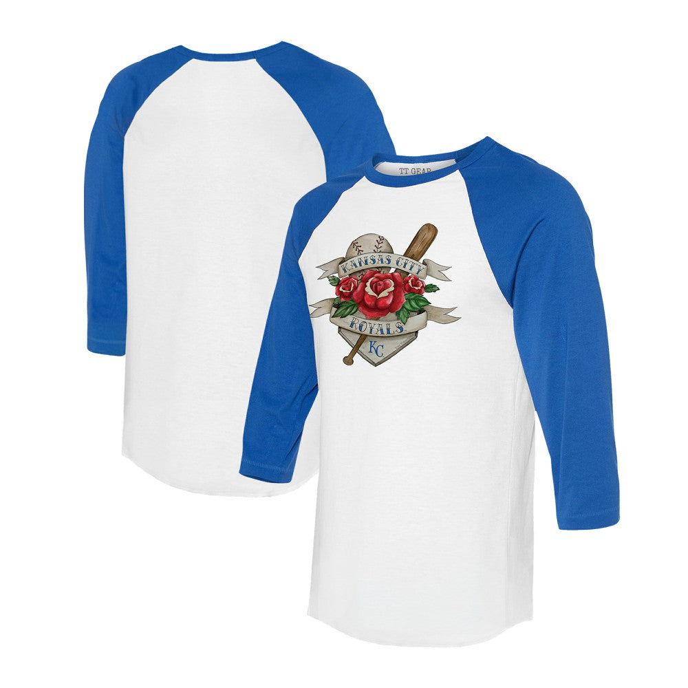Kansas City Royals Tiny Turnip Unisex Tattoo Rose 3/4-Sleeve Raglan T-Shirt - White/Royal