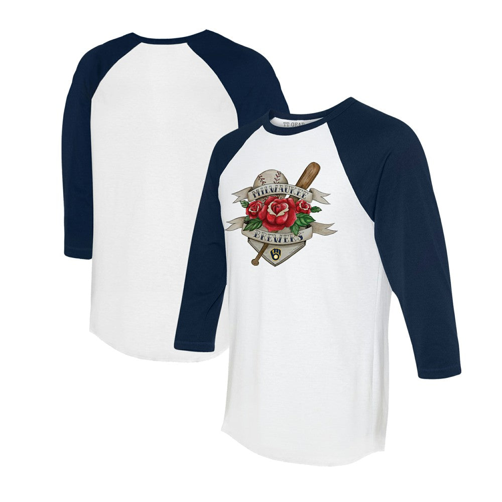 Milwaukee Brewers Tiny Turnip Unisex Tattoo Rose 3/4-Sleeve Raglan T-Shirt - White/Navy
