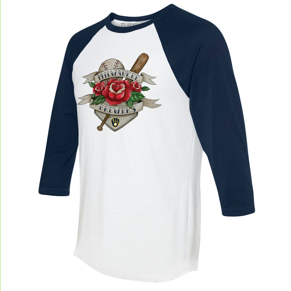 Milwaukee Brewers Tiny Turnip Unisex Tattoo Rose 3/4-Sleeve Raglan T-Shirt - White/Navy