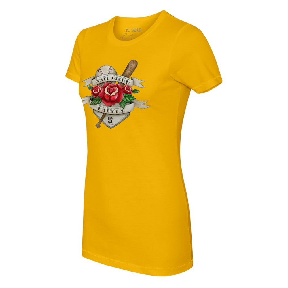 San Diego Padres Tiny Turnip Women's Tattoo Rose T-Shirt - Gold