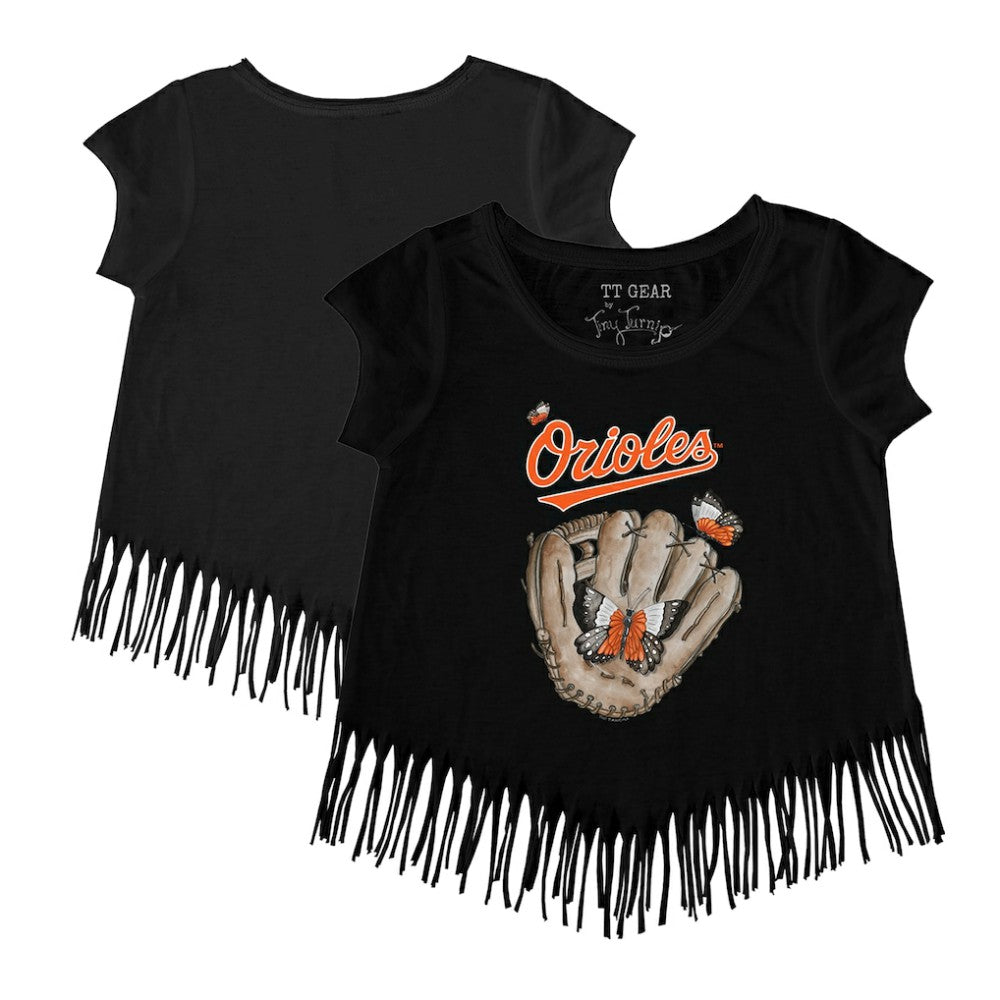 Baltimore Orioles Tiny Turnip Girls Youth Butterfly Glove Fringe T-Shirt - Black