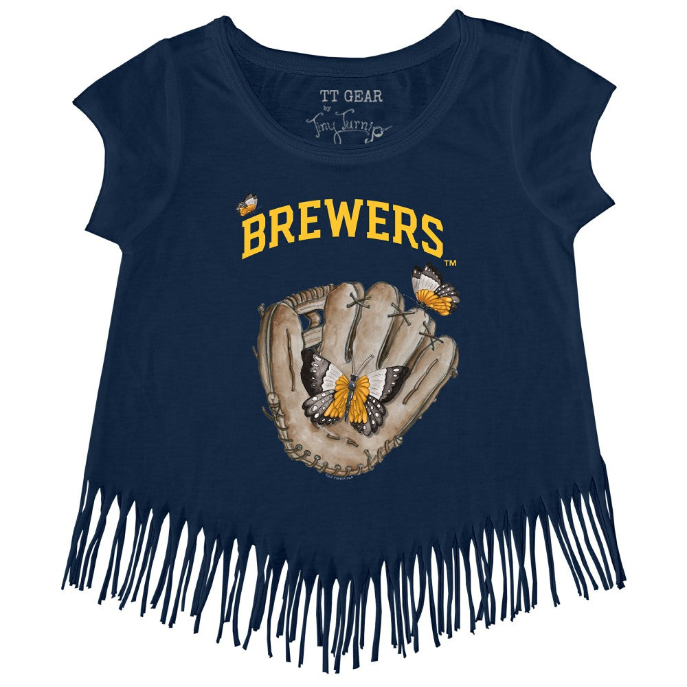 Milwaukee Brewers Tiny Turnip Girls Youth Butterfly Glove Fringe T-Shirt - Navy
