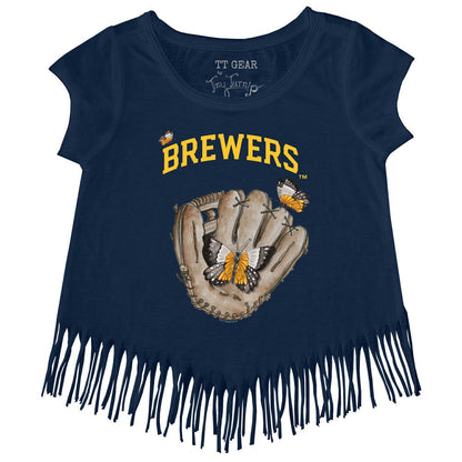 Milwaukee Brewers Tiny Turnip Girls Youth Butterfly Glove Fringe T-Shirt - Navy