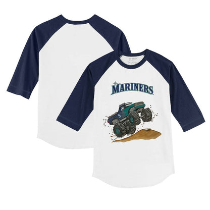 Seattle Mariners Tiny Turnip Youth Monster Truck 3/4-Sleeve Raglan T-Shirt - White/Navy