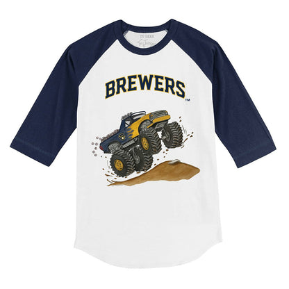 Milwaukee Brewers Tiny Turnip Youth Monster Truck 3/4-Sleeve Raglan T-Shirt - White/Navy