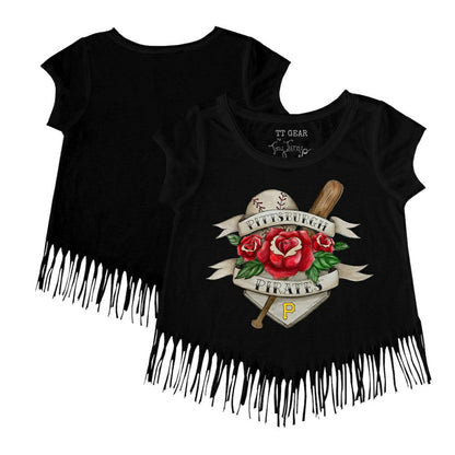 Pittsburgh Pirates Tiny Turnip Girls Youth Tattoo Rose Fringe T-Shirt - Black