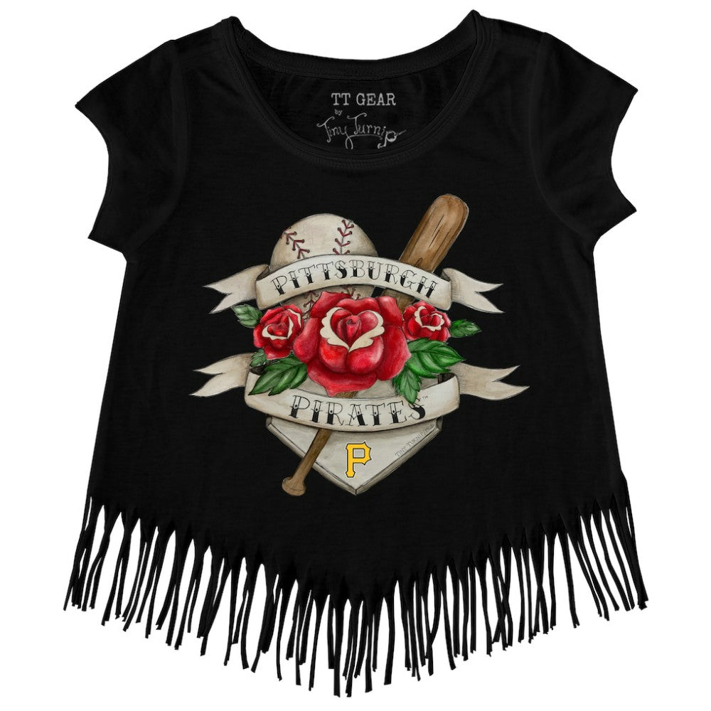 Pittsburgh Pirates Tiny Turnip Girls Youth Tattoo Rose Fringe T-Shirt - Black