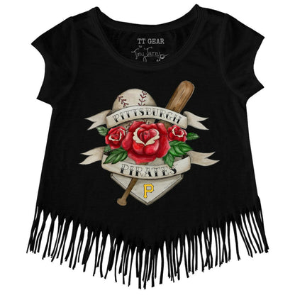 Pittsburgh Pirates Tiny Turnip Girls Youth Tattoo Rose Fringe T-Shirt - Black