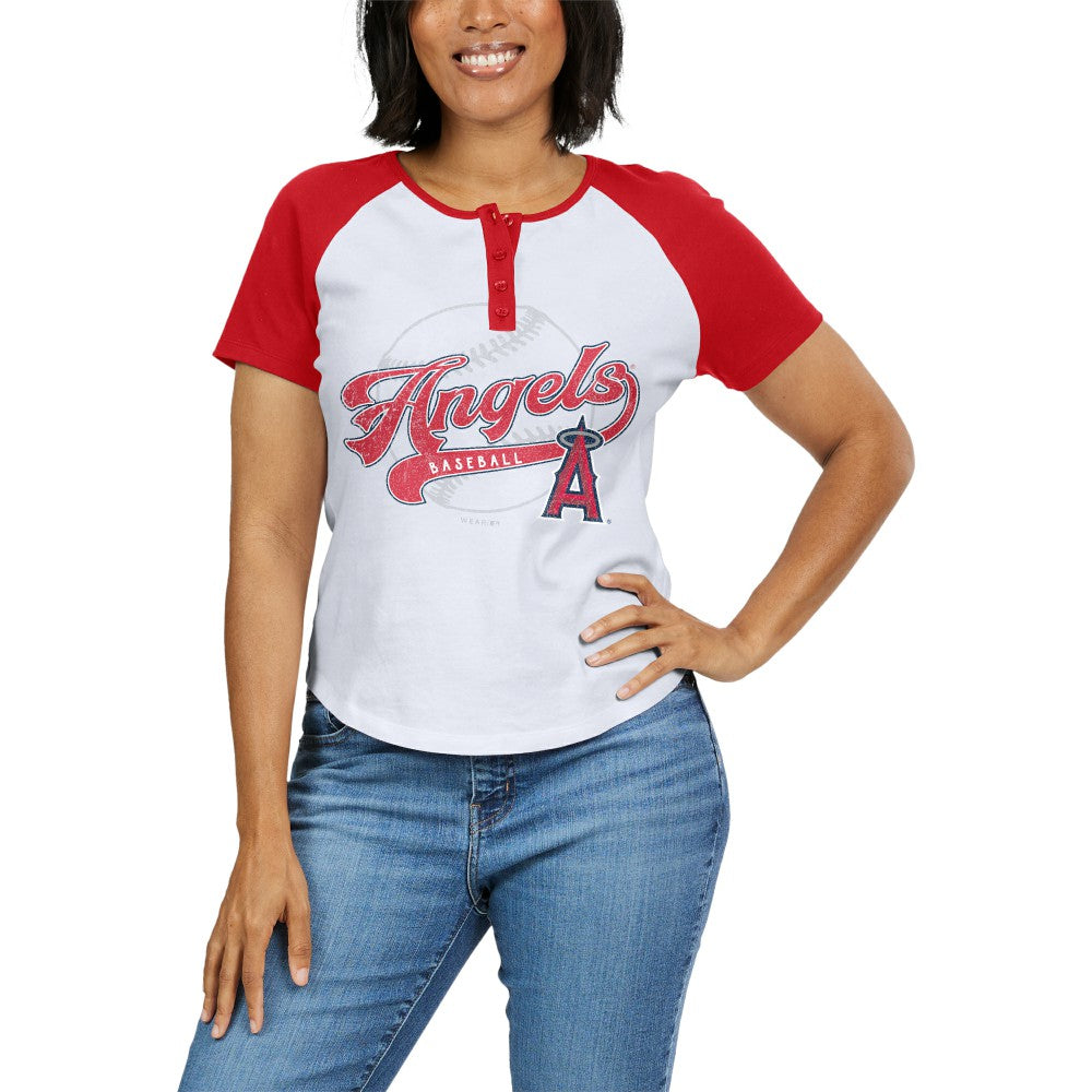 Los Angeles Angels WEAR by Erin Andrews Women's Fitted Henley Raglan T-Shirt - White/Red