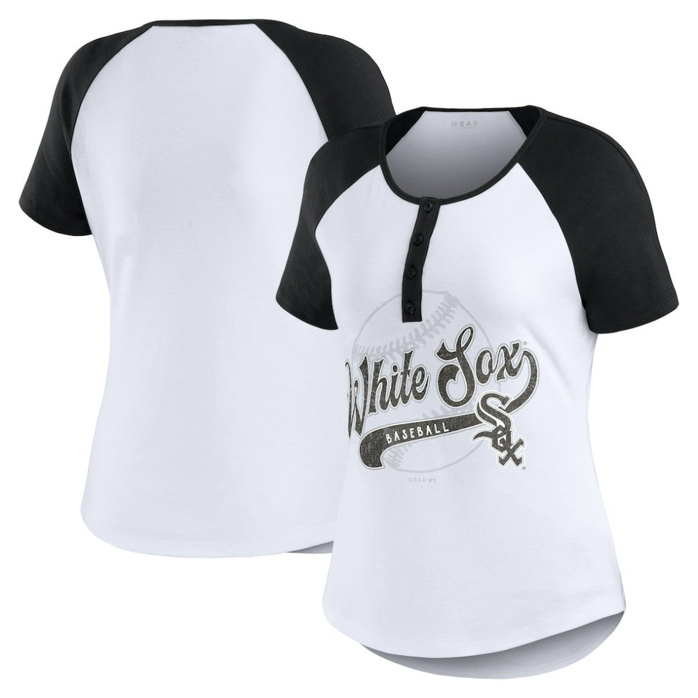 Chicago White Sox WEAR by Erin Andrews Women's Fitted Henley Raglan T-Shirt - White/Black