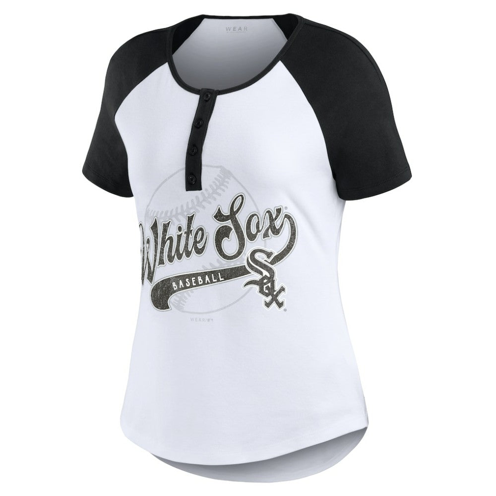 Chicago White Sox WEAR by Erin Andrews Women's Fitted Henley Raglan T-Shirt - White/Black