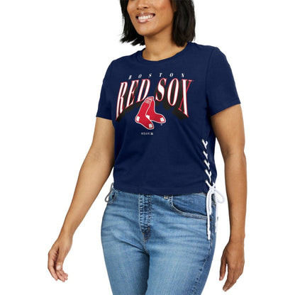 Boston Red Sox WEAR by Erin Andrews Women's Side Lace-Up Cropped T-Shirt - Navy
