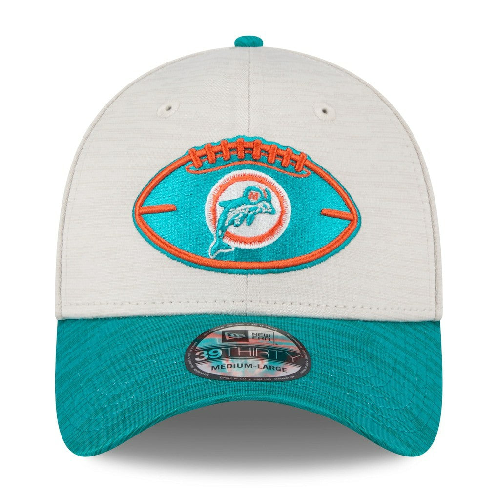 Miami Dolphins New Era 2024 Sideline Historic 39THIRTY Flex Hat - Stone/Aqua discount