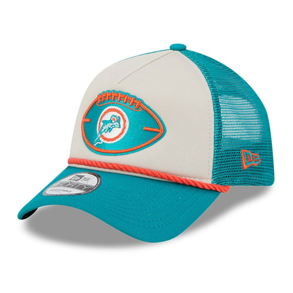 Miami Dolphins New Era 2024 Sideline Historic 9FORTY A-Frame Trucker Adjustable Hat - Stone/Aqua on sale