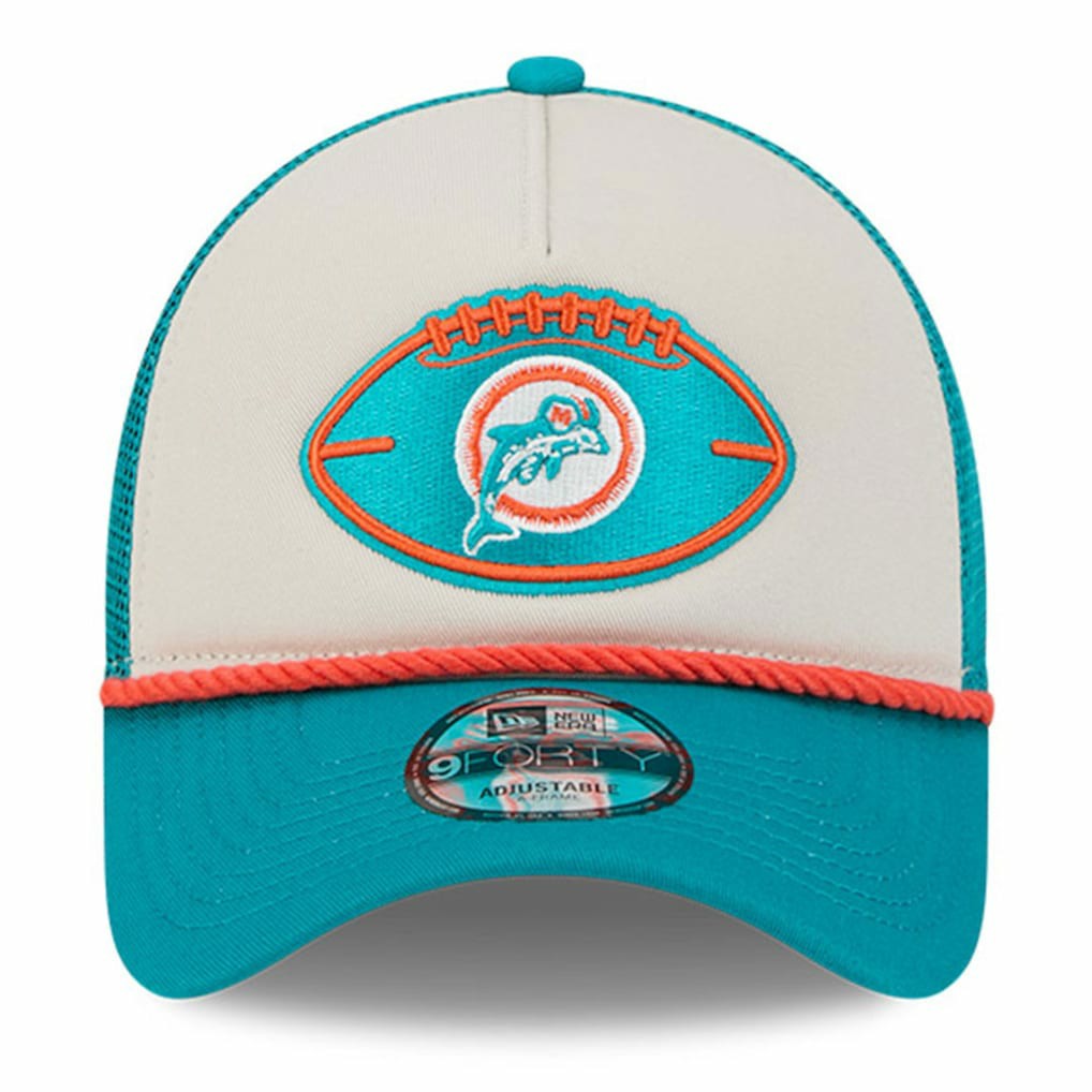 Miami Dolphins New Era 2024 Sideline Historic 9FORTY A-Frame Trucker Adjustable Hat - Stone/Aqua on sale
