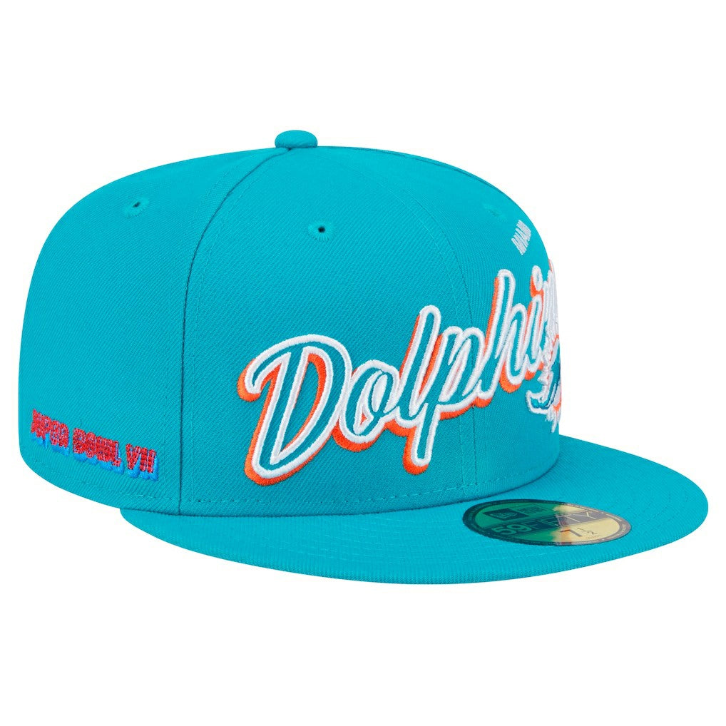 Miami Dolphins New Era Script Sided 59FIFTY Fitted Hat - Aqua online