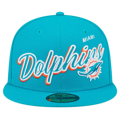 Miami Dolphins New Era Script Sided 59FIFTY Fitted Hat - Aqua online