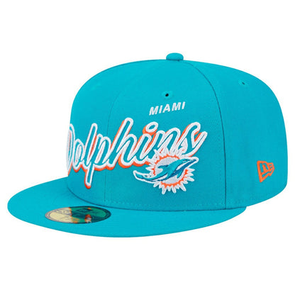 Miami Dolphins New Era Script Sided 59FIFTY Fitted Hat - Aqua online