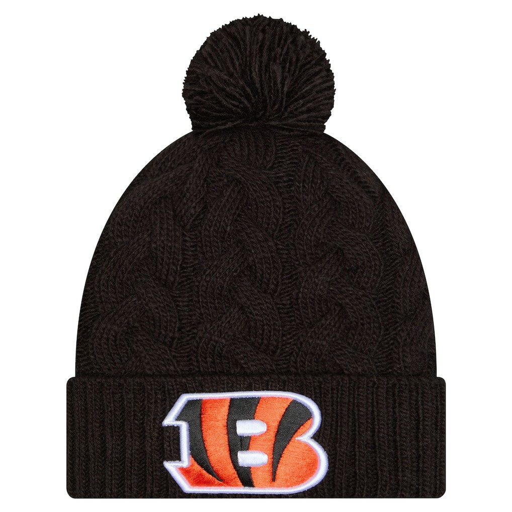 Cincinnati Bengals New Era Girls Youth Cabled Cuffed Knit Hat with Pom - Black for sale