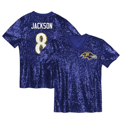 Lamar Jackson Baltimore Ravens Girls Youth Sequin V-Neck Fashion Jersey - Purple on sale