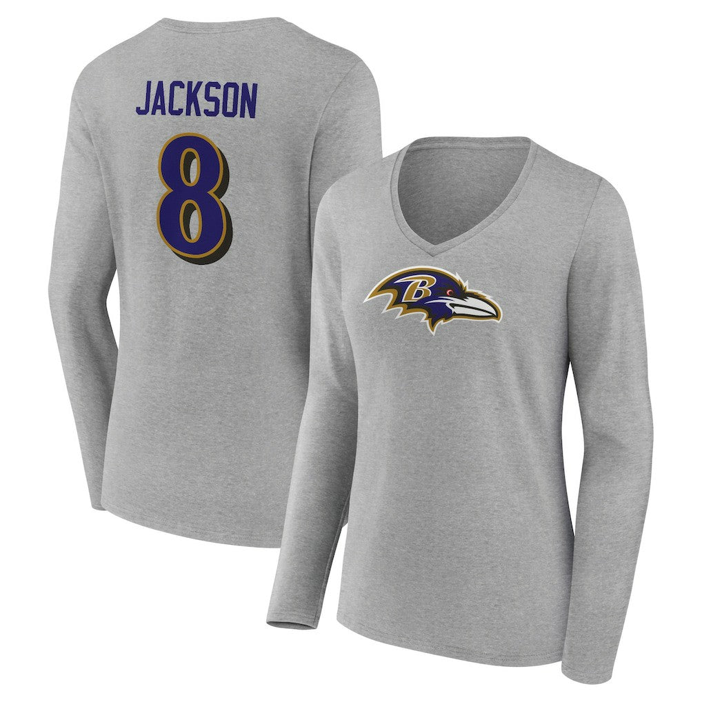 Lamar Jackson Baltimore Ravens Women's Icon Player Name & Number Long Sleeve V-Neck T-Shirt - Gray outlet