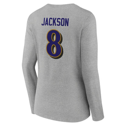 Lamar Jackson Baltimore Ravens Women's Icon Player Name & Number Long Sleeve V-Neck T-Shirt - Gray outlet