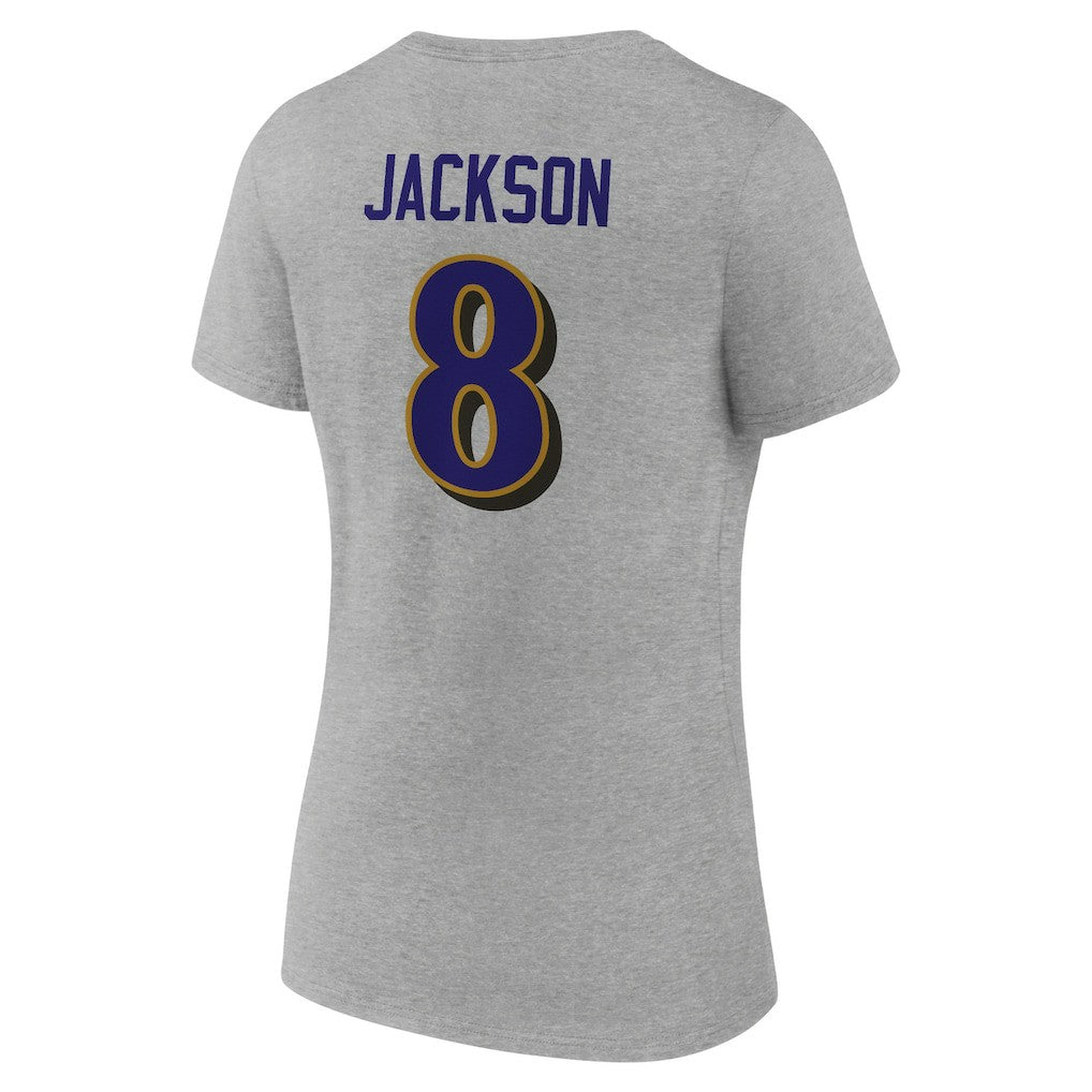 Lamar Jackson Baltimore Ravens Women's Icon Player Name & Number V-Neck T-Shirt - Gray on sale
