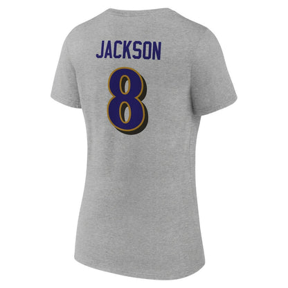 Lamar Jackson Baltimore Ravens Women's Icon Player Name & Number V-Neck T-Shirt - Gray on sale