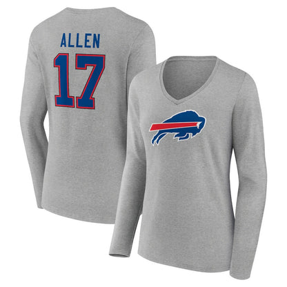 Josh Allen Buffalo Bills Women's Icon Player Name & Number Long Sleeve V-Neck T-Shirt - Gray sale